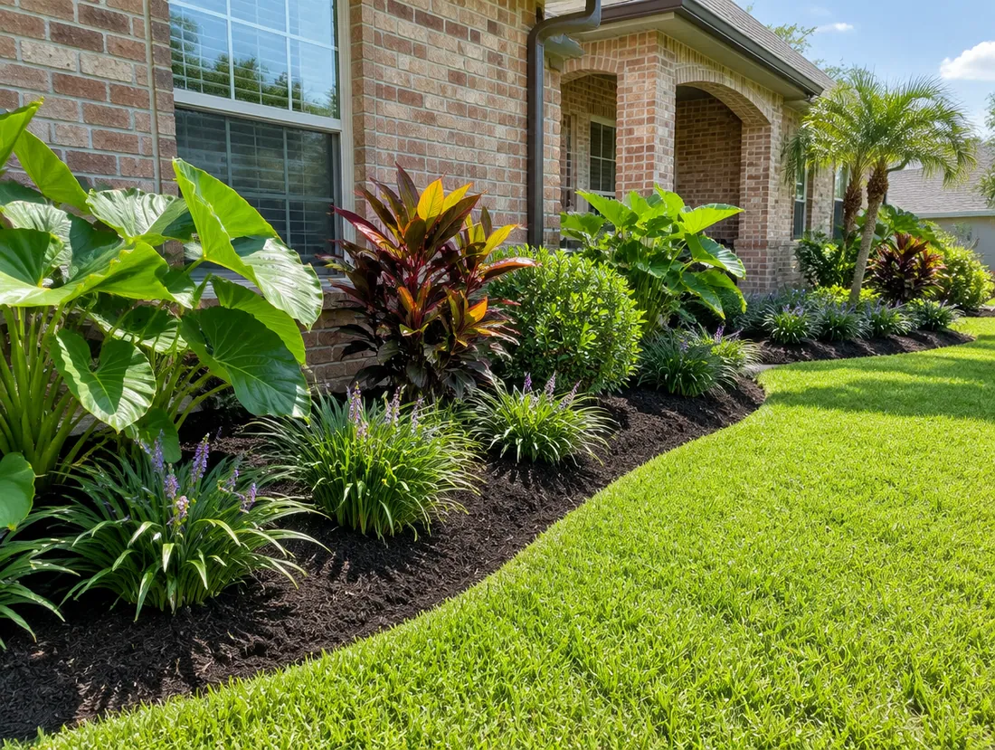 Freshly mulched flower bed with a clean edge beside a brick home