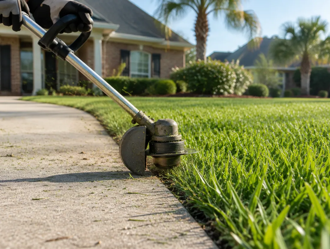 String trimmer edging a crisp line along a concrete driveway